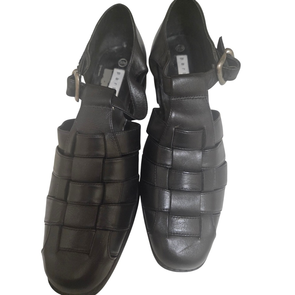 Vintage 90s Partners Black‎ Leather Fisherman Square Block Heel Ankle Strap 9M